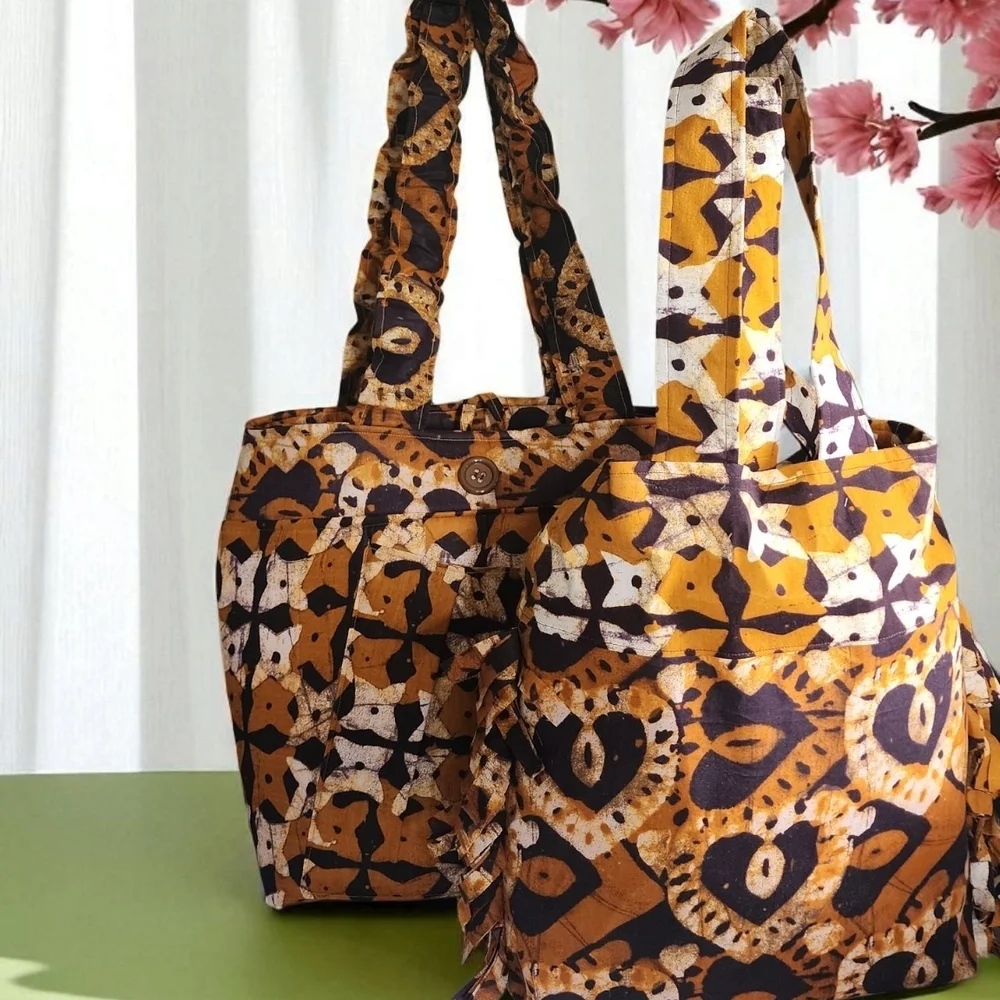 Yellow and Black Quilted Tote Bags with Geometric Patterns